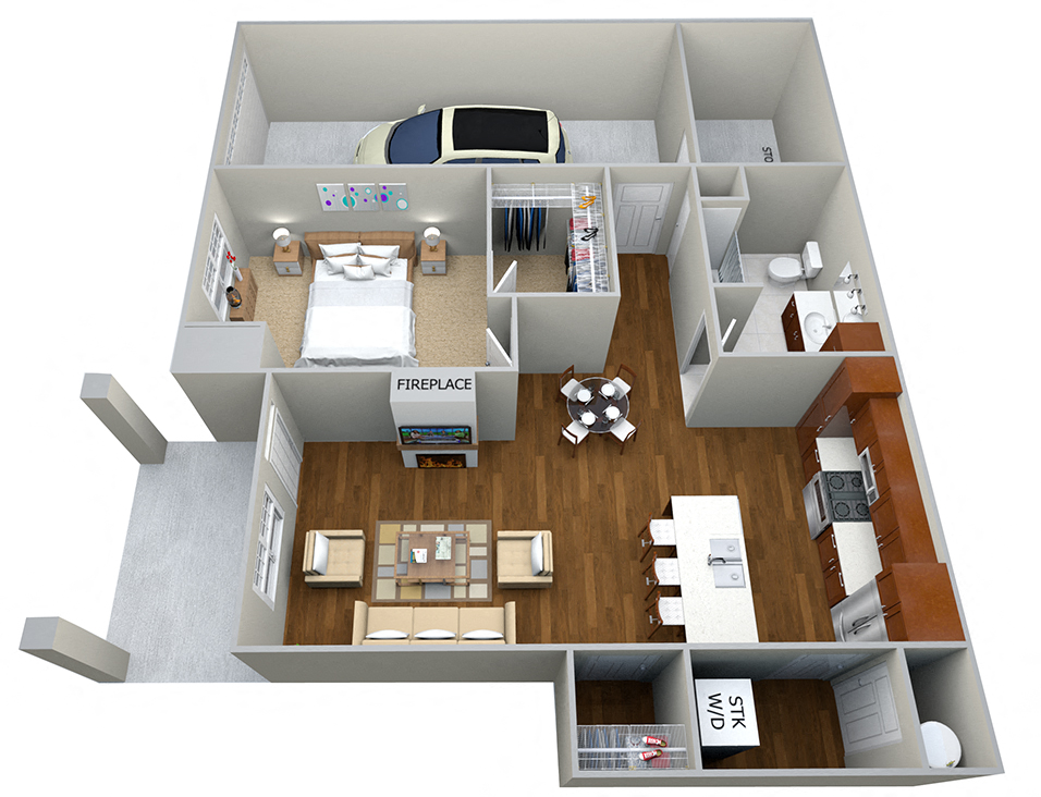 Floor plan for 1 bed, 1 bath, 839 sqft